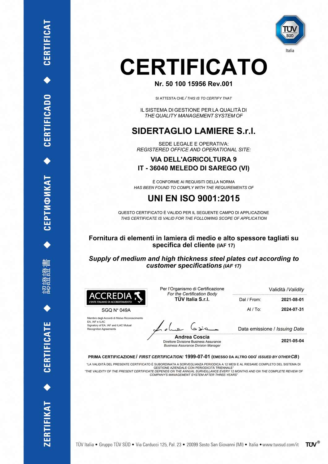 UNI EN ISO 9001 certifications